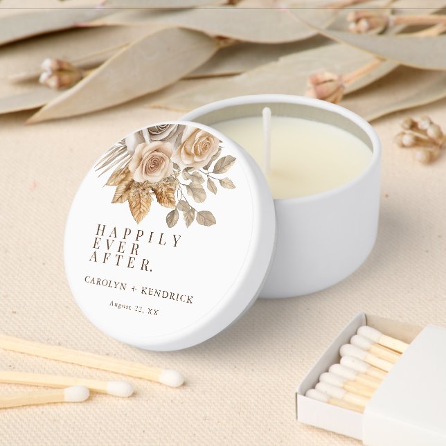 Boho Neutral Floral Happily Ever After Wedding Mini Candle Favors (Insitu)