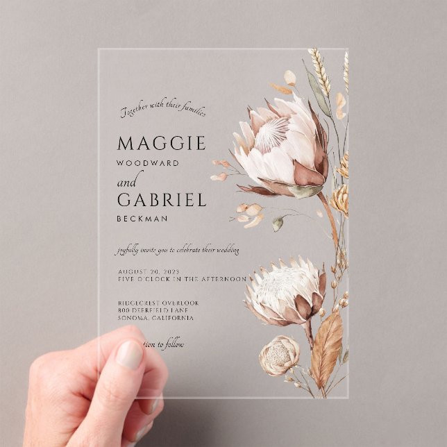Boho Neutral Floral Wedding Acrylic Invitations (Insitu (Handheld))