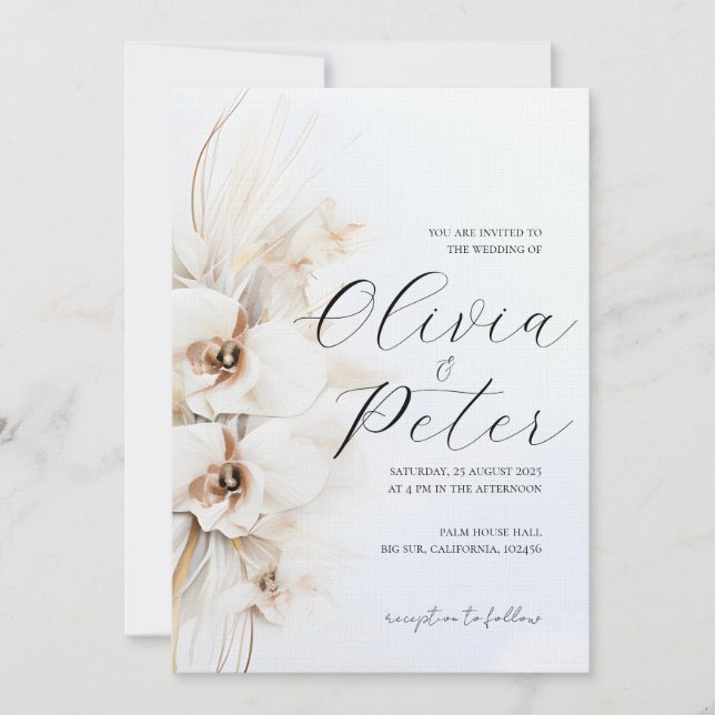 Boho neutral floral wedding invitation (Front)