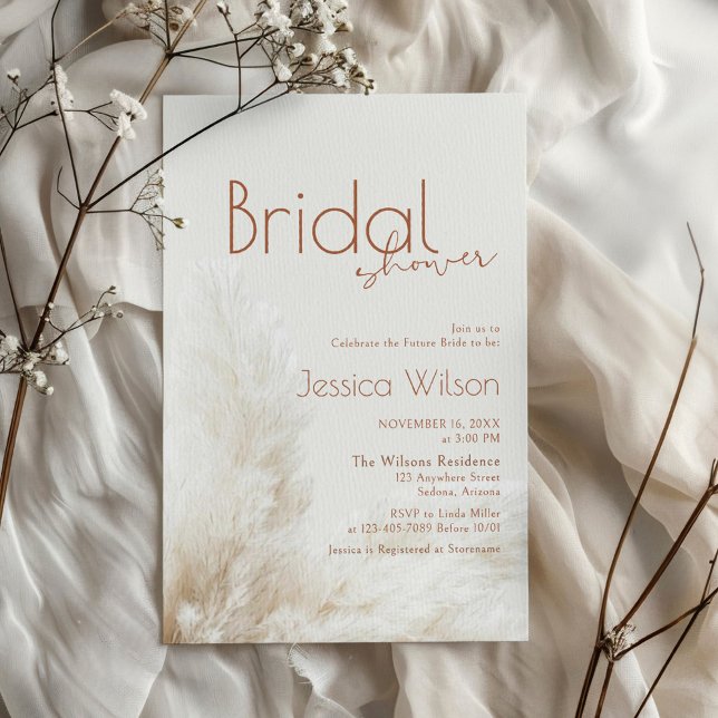 Boho Neutral Fluffy Pampas Grass Bridal Shower Invitation (Creator Uploaded)