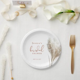 Boho Neutral Fluffy Pampas Grass Bridal Shower Paper Plates