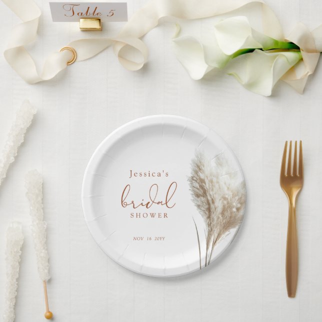 Boho Neutral Fluffy Pampas Grass Bridal Shower Paper Plates (Wedding)