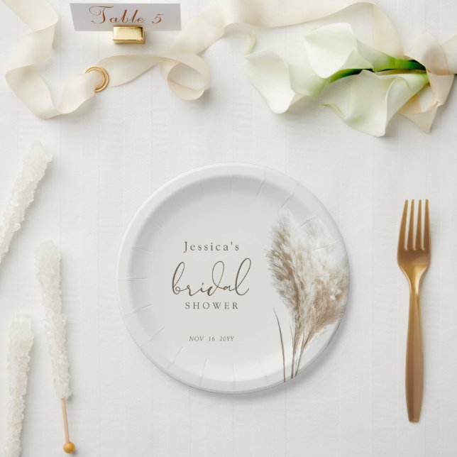 Boho Neutral Fluffy Pampas Grass Bridal Shower Paper Plates (Wedding)
