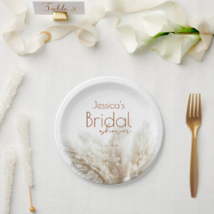 Boho Neutral Fluffy Pampas Grass Bridal Shower Paper Plates