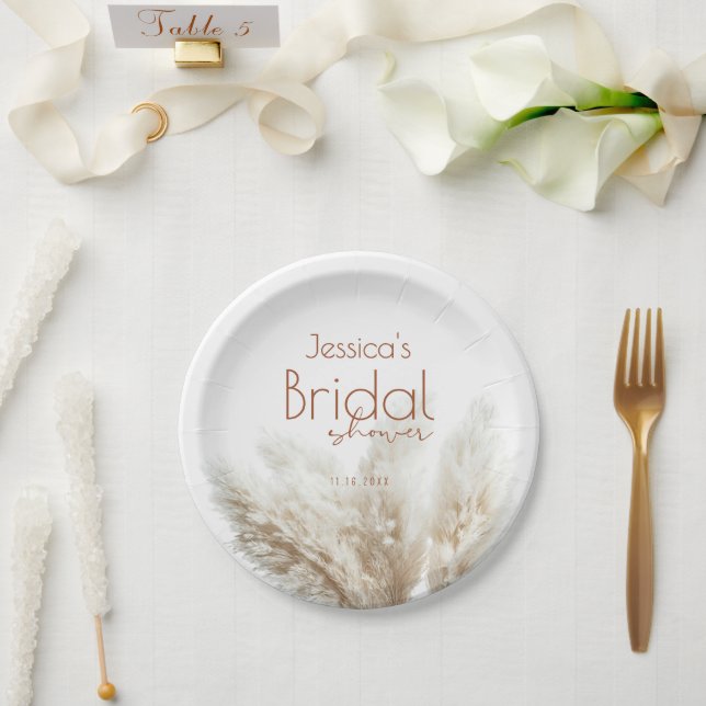 Boho Neutral Fluffy Pampas Grass Bridal Shower Paper Plates (Wedding)