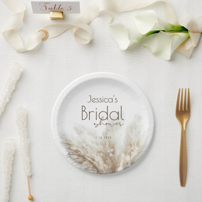 Boho Neutral Fluffy Pampas Grass Bridal Shower Paper Plates (Wedding)