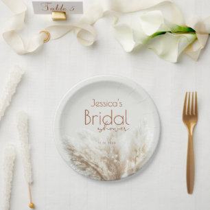 Boho Neutral Fluffy Pampas Grass Bridal Shower Paper Plates