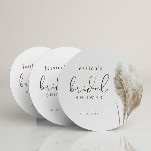 Boho Neutral Fluffy Pampas Grass Bridal Shower Round Paper Coaster