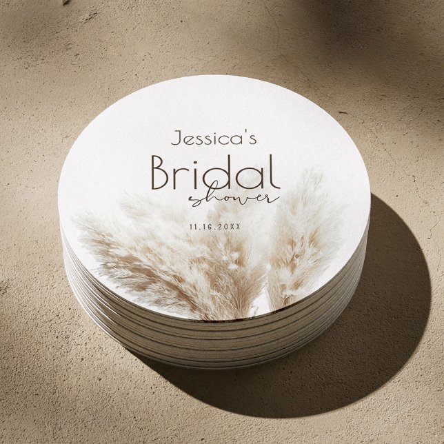 Boho Neutral Fluffy Pampas Grass Bridal Shower Round Paper Coaster (Creator Uploaded)