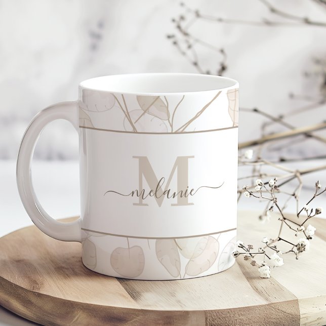 Boho Neutral Lunaria Custom Monogram and Name Mug (Boho Neutral Lunaria Custom Monogram and Name Mug on a sunny boho wooden kitchen table.)