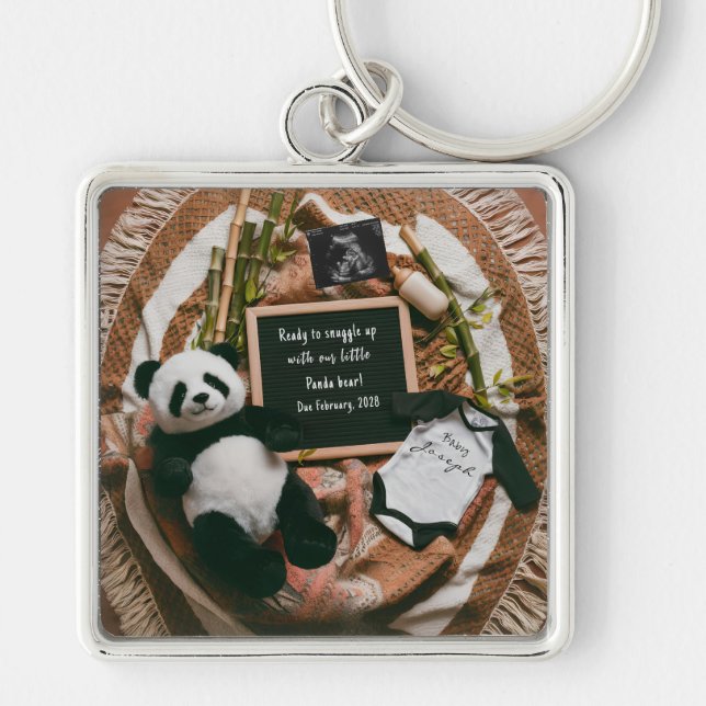 Boho Neutral Panda Pregnancy Announcement gift Keychain (Front)