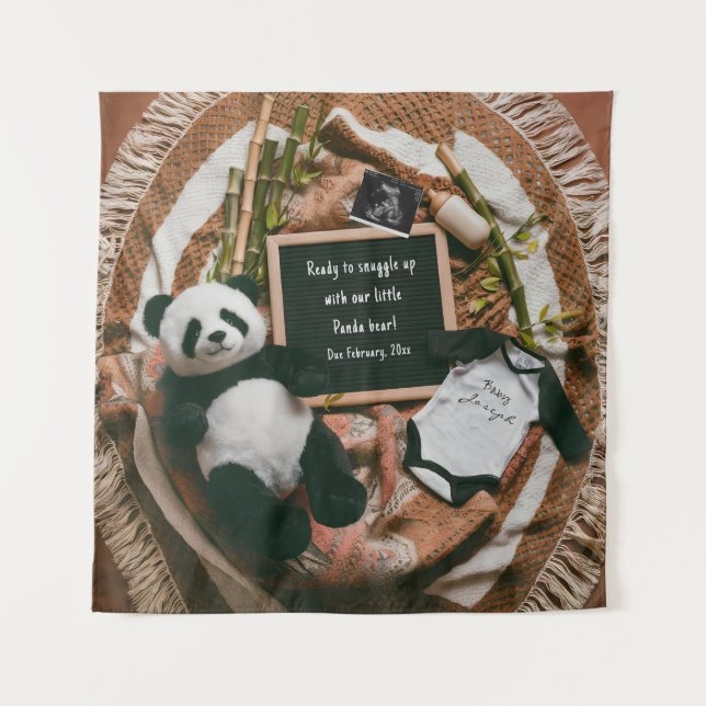 Boho neutral Pregnancy Announcement Cute Panda Tapestry (Front)