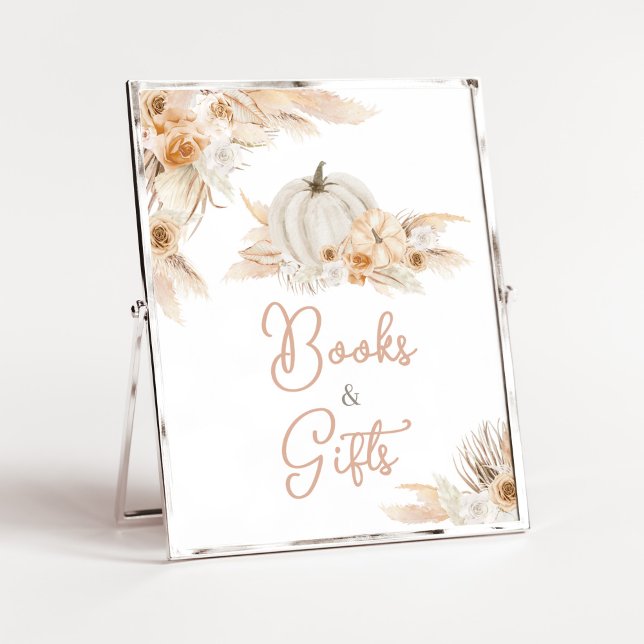 Boho Neutral Pumpkin Baby Shower Books and Gifts Poster (Gender Neutral Little Pumpkin Baby Shower Books and Gifts Sign)