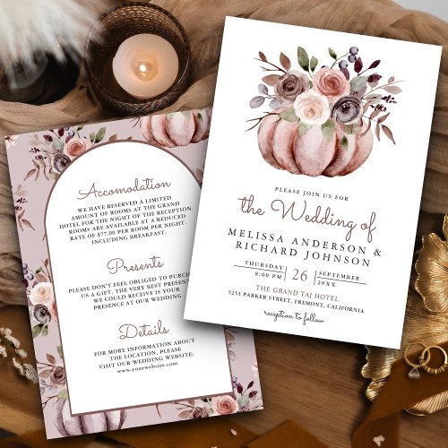 Boho Neutral Pumpkin Floral All in One Wedding Invitation