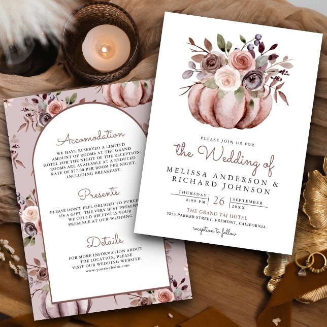 Boho Neutral Pumpkin Floral All in One Wedding Invitation (Creator Uploaded)
