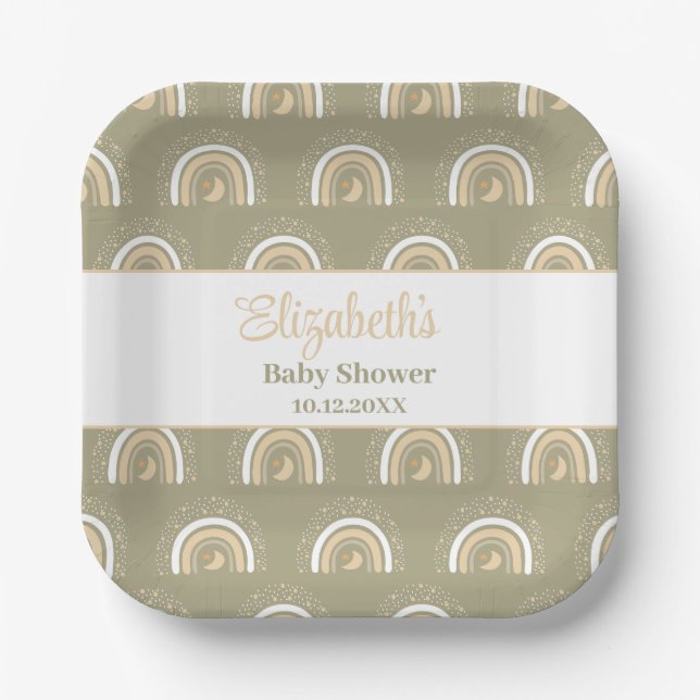 Boho Neutral Rainbow Baby Shower Paper Plates (Front)