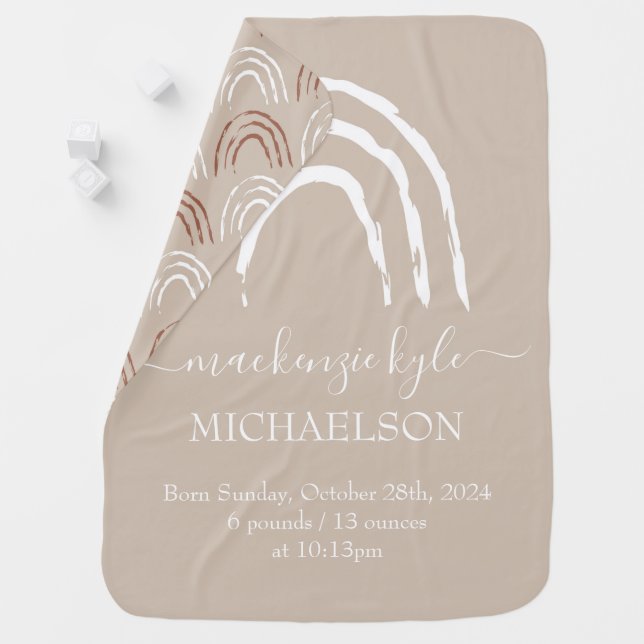 Boho Neutral Rainbow Birth Stats Baby Blanket (In Situ)