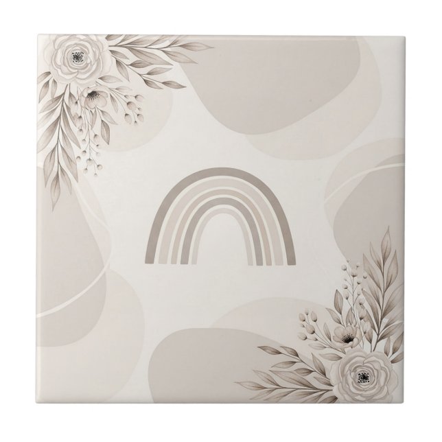 Boho Neutral Rainbow Floral Beige Taupe Ceramic Tile (Front)