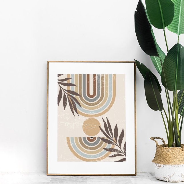 Boho Neutral Rainbow Leaf Abstract Wall Art Poster (Boho Neutral Abstract Rainbows and Leaves Wall Art in a neutral frame next to a large boho plant.)