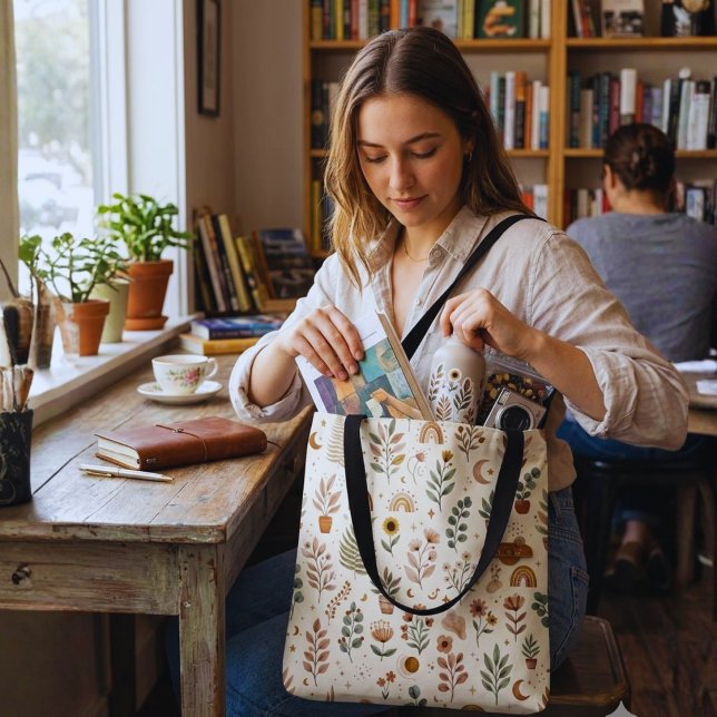 Boho Neutral Rainbow Tote Bag (Boho Floral Canvas Tote Bag | Botanical Everyday Shopping & Book Handbag)