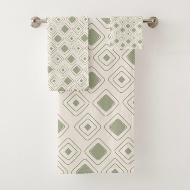 Boho Neutral Sage Tribal Geometric Aztec Pattern Bath Towel Set (Insitu)