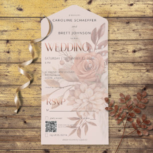 Boho Neutral Soft Autumn Bouquet Blush QR Code All In One Invitation