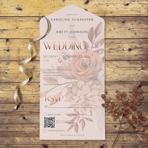 Boho Neutral Soft Autumn Bouquet Blush QR Code All In One Invitation