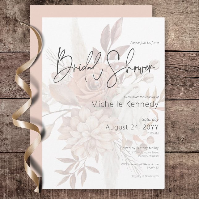 Boho Neutral Soft Floral Bouquet Bridal Shower Invitation (Boho Neutral Soft Floral Bouquet Bridal Shower Invitation)