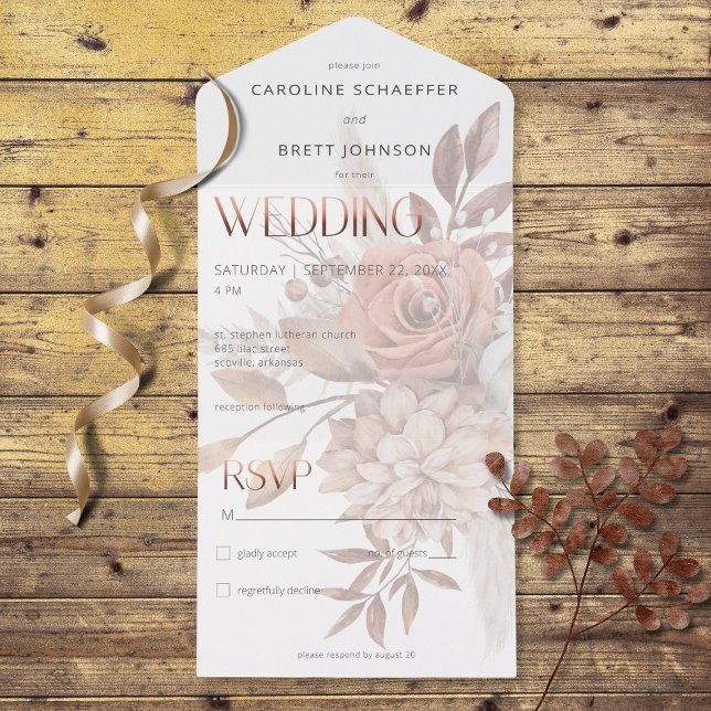 Boho Neutral Soft Focus Autumn Bouquet No Dinner All In One Invitation (Also available with a QR code or with dinner selection options.)
