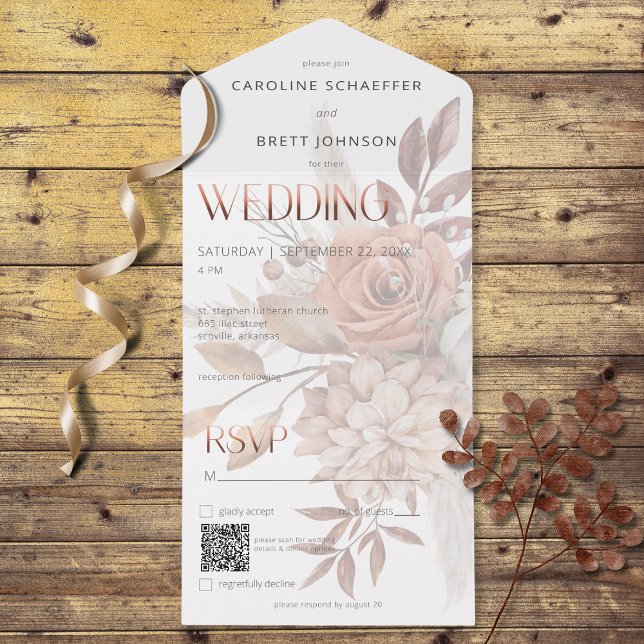 Boho Neutral Soft Focus Autumn Bouquet QR Code All In One Invitation (Also available without a QR code; with or without dinner selection options.)
