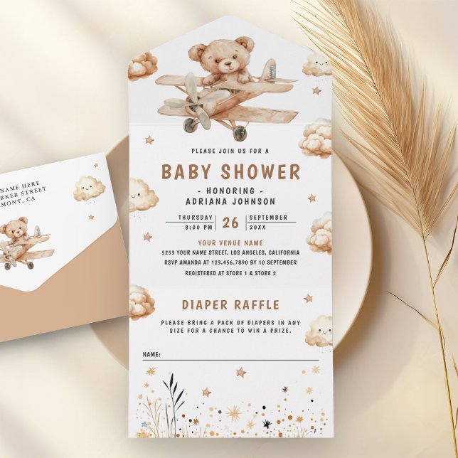 Boho Neutral Teddy Bear Airplane Baby Shower All In One Invitation (Creator Uploaded)