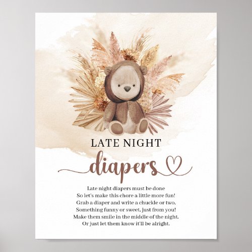 Boho Neutral teddy bear Late Night Diapers game Poster