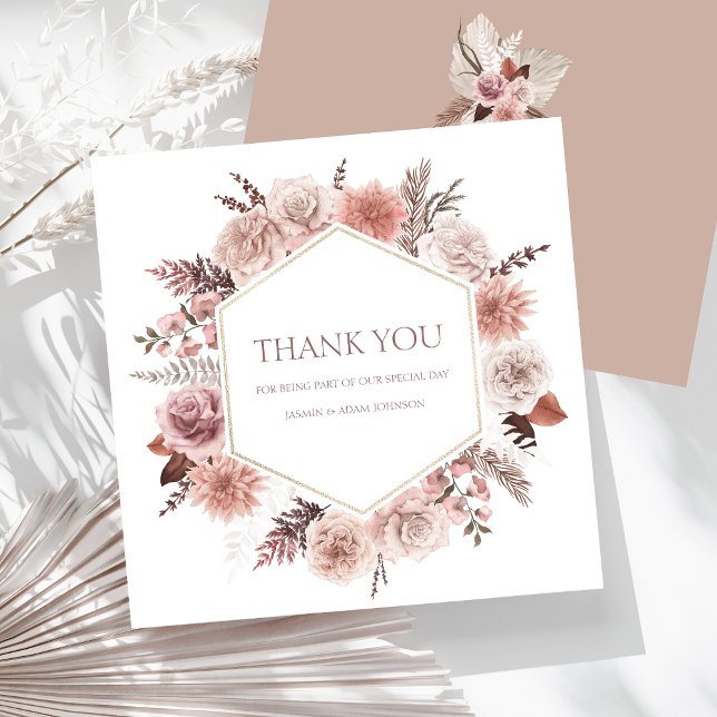 Boho Neutral Terracotta Floral Wreath Wedding Thank You Card (Boho Dusty Pink Dried Flowers Wreath Wedding Thank You Card)