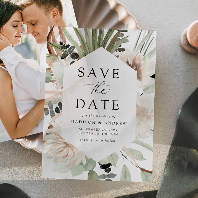 Boho Neutral Tropical Floral Wedding Save the Date Vellum Invitations (Creator Uploaded)