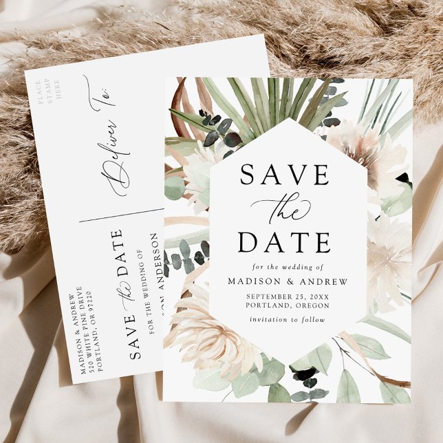 Boho Neutral Tropical Flowers Save the Date Announcement Postcard (Creator Uploaded)