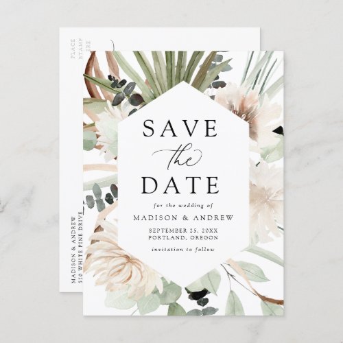 Boho Neutral Tropical Flowers Save the Date Announcement Postcard