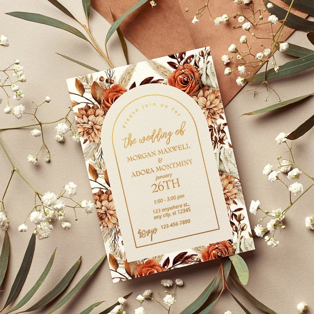 Boho Neutral Watercolor Pampas Wedding  Foil Invitation (Creator Uploaded)