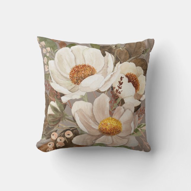 Boho neutral watercolor peony floral throw pillow (Front)