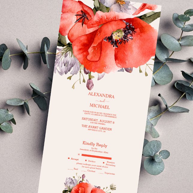 Boho Neutral Watercolor Poppies Wedding All In One Invitation (Creator Uploaded)
