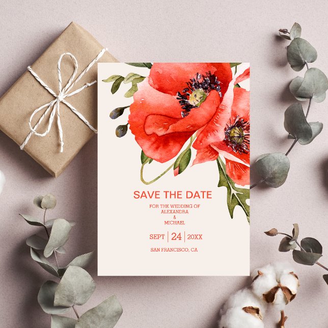 Boho Neutral Watercolor Poppies Wedding  Save The Date (Creator Uploaded)