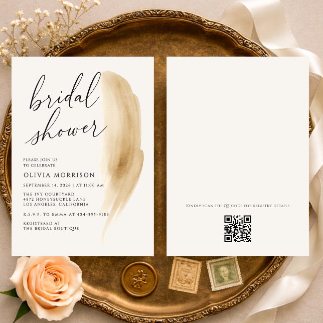 Boho Neutral Watercolor QR Code Bridal Shower Invitation (Creator Uploaded)