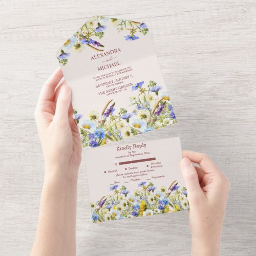 Boho Neutral Watercolor Wildflower Wedding All In One Invitation