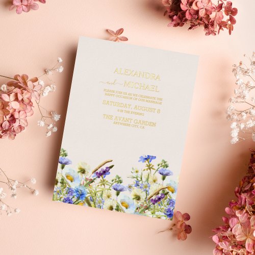 Boho Neutral Watercolor Wildflower Wedding Foil In Foil Invitation