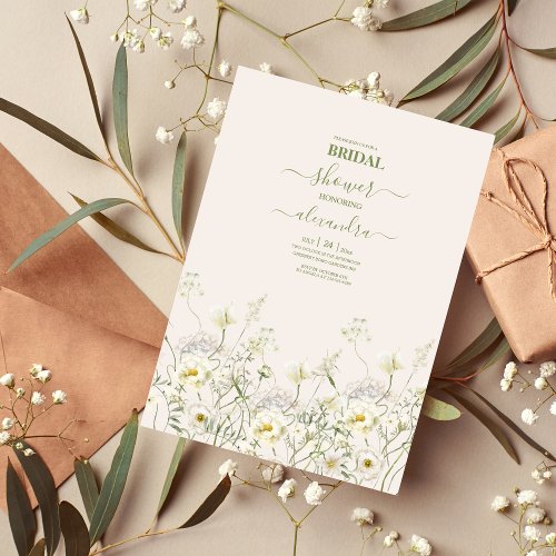 Boho Neutral White Watercolor Wildflower Bridal Invitation