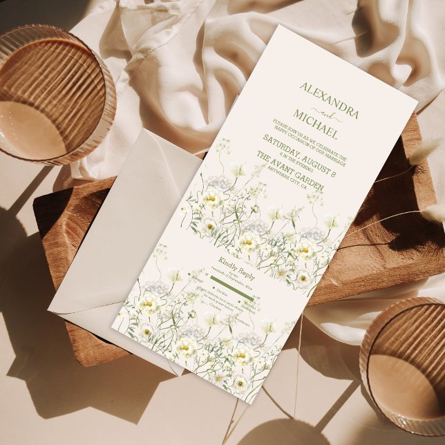 Boho Neutral White Watercolor Wildflower Wedding All In One Invitation (Creator Uploaded)