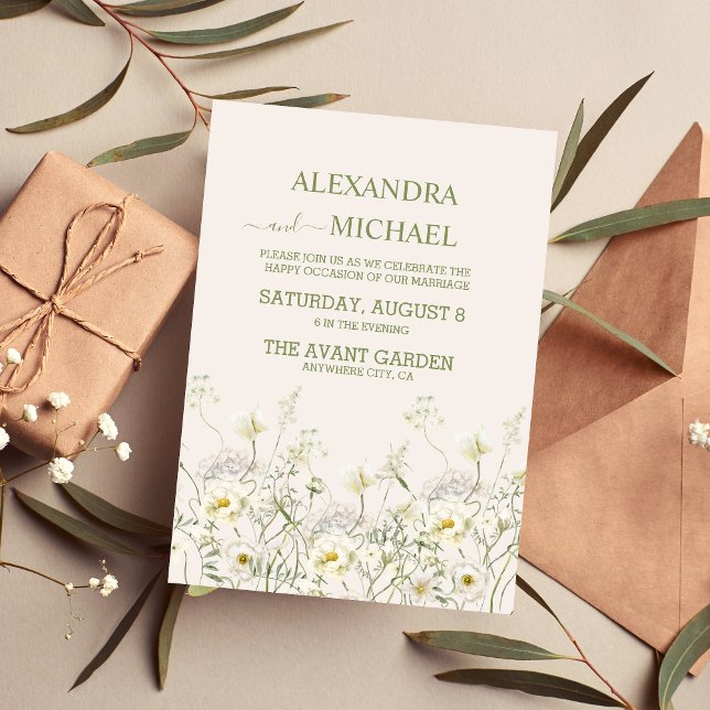 Boho Neutral White Watercolor Wildflower Wedding Invitation (Creator Uploaded)