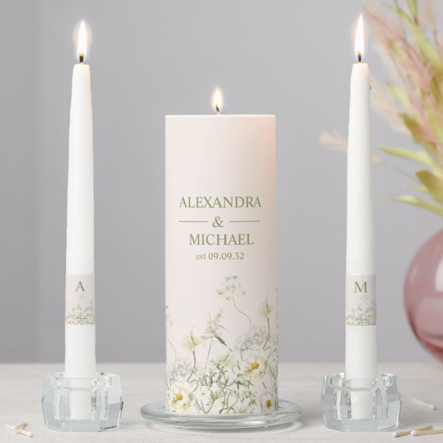 Boho Neutral White Watercolor Wildflower Wedding Unity Candle Set (In Situ)
