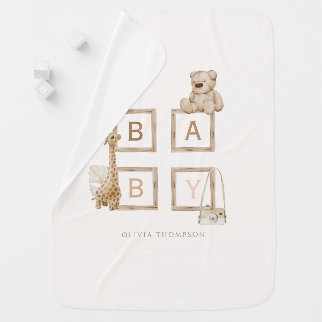 Boho Neutral Wood Block Letters Baby  Blanket (In Situ)
