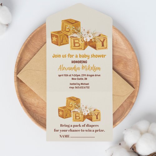 Boho Neutral Wood Block Letters Baby Shower All In One Invitation