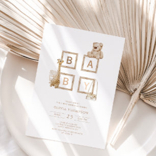 Boho Neutral Wood Block Letters Baby Shower  Invitation